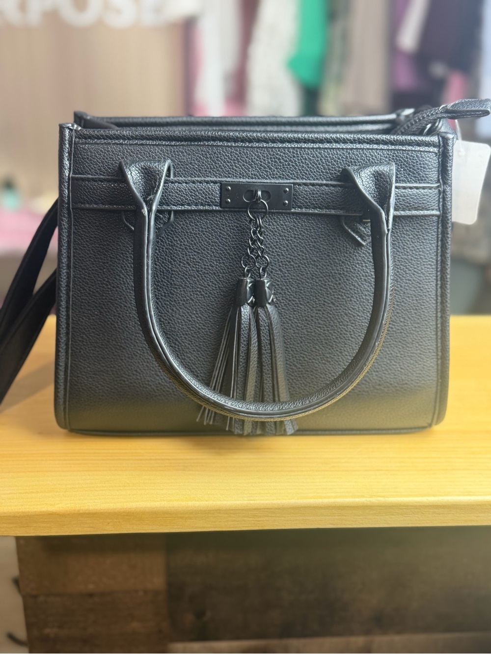 Black Structured Satchel Bag Crossbody Tassel Purse Like New